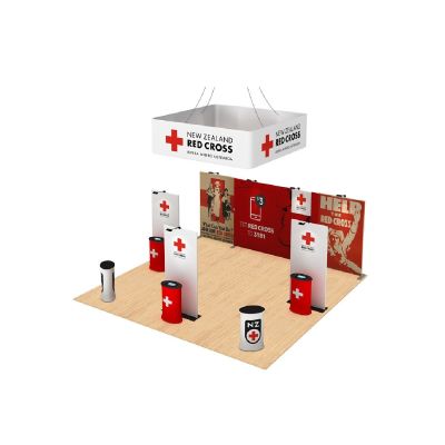 TubeLoc fabric tension exhibition stand pack including printed display walls, square overhead hanging display, tablet display c