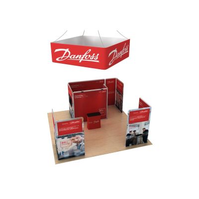 TubeLoc fabric tension exhibition stand pack including printed fabric straight display walls, case display counter, square over