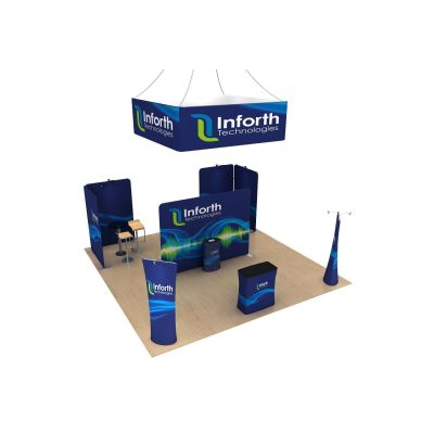 TubeLoc fabric tension exhibition pack inc. printed fabric display walls, bannerstand, case counter, tablet counter, square ove